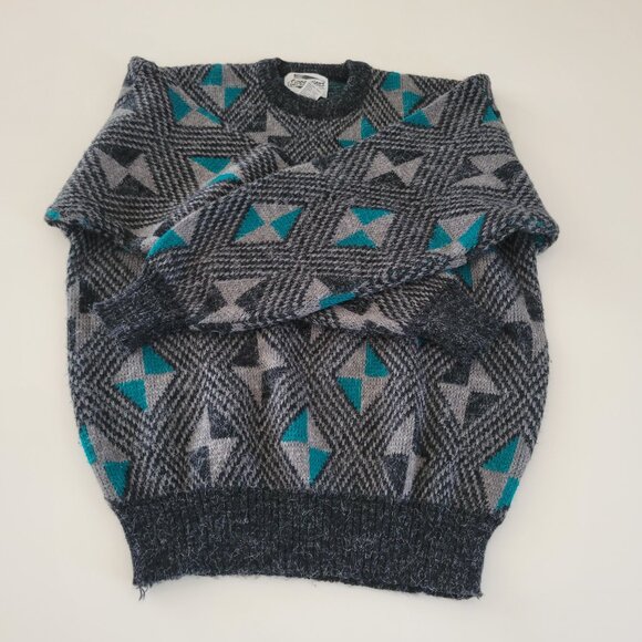 Vintage Expressions Geometric Acrylic Sweater Gray Turquoise Size Large EUC - Picture 2 of 11